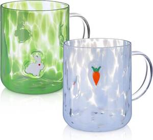 lot 4308 image: Potchen 2 Pcs Easter Icon Glasses Icon Juice Easter Cups with Handle, 16 oz Spring Juice Glass Cup Bunny Carrot Drinking Mugs for Holiday Gifts Hello Spring Party Drinkware