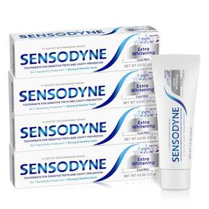lot 4353 image: Sensodyne Extra Whitening Sensitive Teeth and Cavity Prevention Whitening Toothpaste, Amazon Exclusive, Cool Mint, Amazon Exclusive- 4 Ounces (Pack of 4)