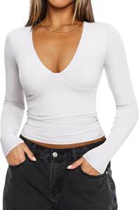 lot 4356 image: REORIA Womens Sexy V Neck Long Sleeve Basic T Shirts Trendy Slim Fit Lightweight Y2K Going Out Crop Tops White Small