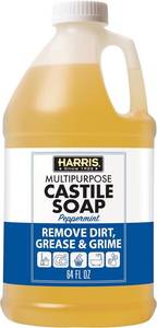 lot 4357 image: HARRIS Multi-Purpose Pure Liquid Castile Soap for Home Cleaning, Multi-Purpose Cleaner, For Dish Soap, Laundry Detergent, Kitchen and Bathroom Surfaces, Kids Rooms, Scented with Peppermint Oil, 64 Oz