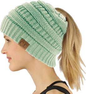 lot 4360 image: C.C Exclusives Soft Stretch Cable Knit Messy Bun Ponytail Beanie Winter Hat for Women (MB-20A)
