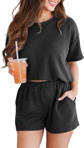 lot 4361 image: Spriolim Womens 2 Piece Outfits Summer Knit Short Sleeve Top and Shorts Set Soft Casual Lounge Sets Size Small