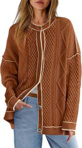 lot 4373 image: ReachMe Womens Cable Knit Oversized Cardigans Button Up Striped Sweater Jackets Fall Casual Outerwear Coats with Pockets Size Small