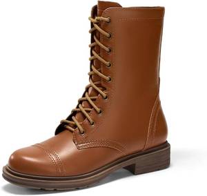 lot 4374 image: Coutgo Womens Mid Calf Combat Boots Low Heel Lace Up Round Toe Military Boots Fall Shoes with Side Zipper Size 7