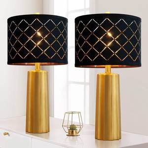 lot 4377 image: RORIANO Set of 2 Modern Table Lamps for Living Room Bedroom, Gold Nightstand Resin Lamps with Black Grid Shade, Contemporary Desk Lamps for Bedside End Tables, 2 Bulbs Included (Gold)