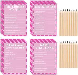 lot 4417 image: 62 Bridal Shower Games Set with Pencil, Spring Pink Bridal Shower Party Game Card For Wedding Engagement Bachelorette, Bridal Shower Decor Favors Supplies, 4 Set Game Cards With Answer Card