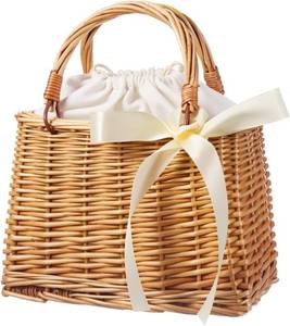 lot 4436 image: POPETPOP Small Rattan Woven Basket with Handle Decorative Flower Basket for Wedding Home Decor Picnic Storage Portable Handheld Wicker Purse 10.82X9.05X5.11 Inch