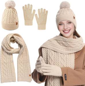lot 4447 image: QUIRAI Winter Hat Gloves Scarf Set Women, Fleece Lined Beanie with Pom, Scarf Neck Warmer Touchscreen Gloves 3 in 1 Gift Set