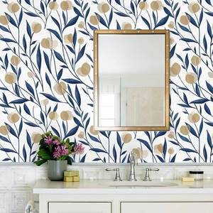 lot 4473 image: HAOKHOME Floral Peel and Stick Wallpaper Boho for Bathroom WhiteNavyTan Wall Paper Stick on Contact Paper 17.3in x 9.8ft