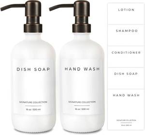 lot 4478 image: Emerson Soap Dispenser, Dish Soap Dispenser for Kitchen, Soap Dispenser Bathroom Set - Hand Soap Dispenser, Kitchen Soap Dispenser Set, Glass Soap Dispenser with Pump and Labels - 16 Oz  2 Pack