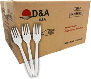 lot 4479 image: 1000 Count Plastic Forks Disposable Medium Weight BPA Free, Heat Resistant, Bulk Premium Cutlery Utensils for Takeout, Meal Prep, Party Supply (10 Packs of 100)