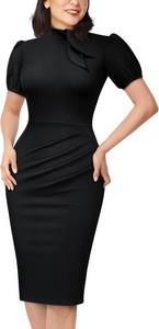 lot 4481 image: AISIZE Womens Elegant Tie Neck Puff Sleeves Ruched Cocktail Party Dress, Black, Small