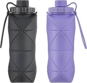 lot 4511 image: Silicone Collapsible Water Bottles,Lightweight Reusable Leakproof For Traveling Camping Hiking Cycling Sports Outdoor,Foldable Portable Travel Water Bottle 600ML Dark Grey And Purple 2Pack.