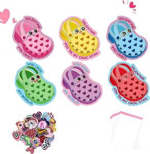 lot 4512 image: Valentines Day Cards for Kids School - Valentines Gifts for Kids - 30 Valentine Cards with Shoe Charms Bulk40 - Funny Valentine Exchange Card for Boys Girls Toddler Class Classroom Gift Party Favors
