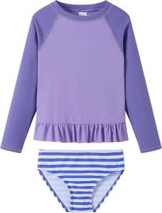 lot 4516 image: Toddler Girls Rash Guard Swimsuit Set 2-Piece Long Sleeve Bathing Suits UPF 50 Swimwear Blue Purple 3T