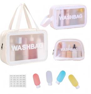 lot 4528 image: Waterproof Clear Frosted Travel Toiletry Bag For Men & Women 3-Size Handle Cosmetic Case  4 Pre-Labeled 2Oz Bottles & Sticker. Large Washbag Organizer. (Pristine White)