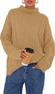 lot 4529 image: BTFBM Casual Women Fall Sweaters 2025 Long Sleeve Turtleneck Ribbed Knit Pullover Loose Cable Knit Sweater, Medium