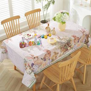 lot 4911 image: SASTYBALE Easter Tablecloth for Rectangle Tables 52x70 Inch, Cute Bunny Eggs Design, Beige Washable Fabric Table Cover for Dinner Party Spring Easter Decor