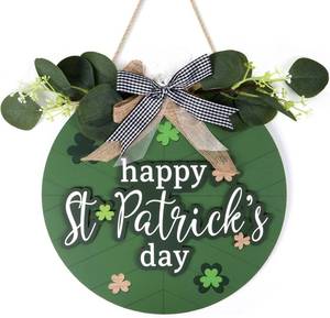 lot 4928 image: CHDITB 3D Happy St. Patricks Day Door Wreath, Spring Green Shamrock Clover Wooden Hanging Welcome Sign,Rustic Irish Lucky St. Paddys Day Wall Decor for Front Door Porch Farmhouse(12x 12)