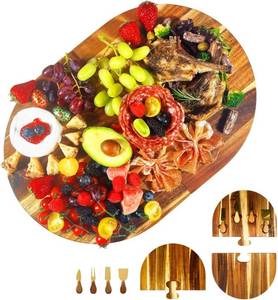 lot 4988 image: Charcuterie Board Set - 2 Pieces with Knife Set, Premium Acacia Wood Cheese Boards, Puzzle Shaped Serving Tray, Wedding & Bridal Shower Gift, Valentines Day Gifts