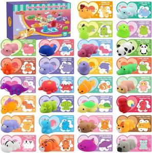 lot 5112 image: LEASEN 28 Pack Valentines Day Gifts for Kids, Mochi Squishies Party Favor Set with Valentines Animal Greeting Cards for Kids, Valentines Day School Prizes Party Favor, Classroom Exchange Gift Set