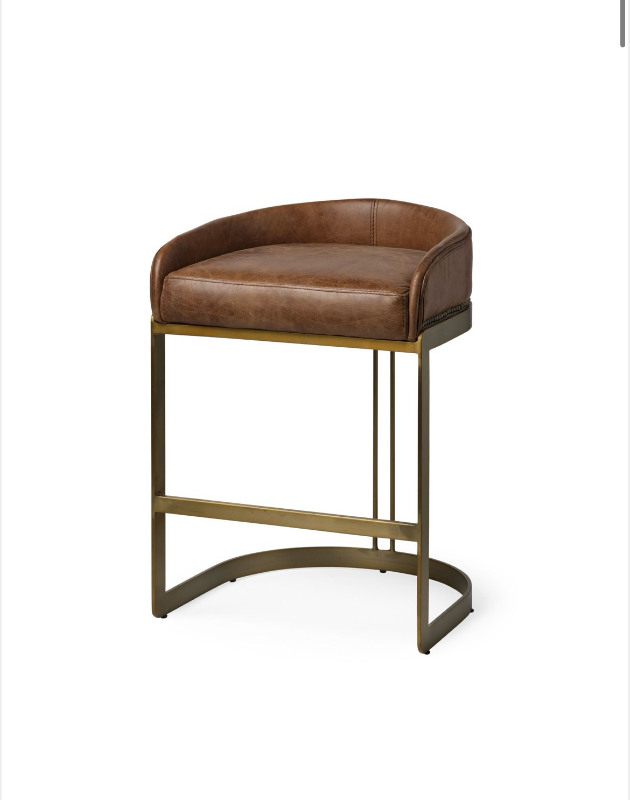 lot 5127023 image: Mercana Hollyfield 20.5L x 19.75W x 29H Total Height Brown Leather Seat Gold Metal Base Stool 68573 (SEE PICTURESDescription) - Retail $1,499