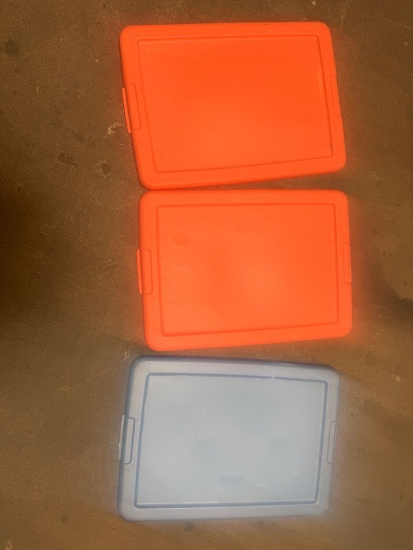 lot 5127146 image: Sterilite 1 Blue and 2 orange container lids 1 foot 4 14 inches x 11.5 inches  - Retail $5