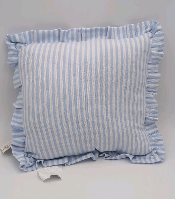lot 5127050 image: Blue Stripe Square With Simple Ruffle Pillow Target Women owned 14in x 14in - Retail $10