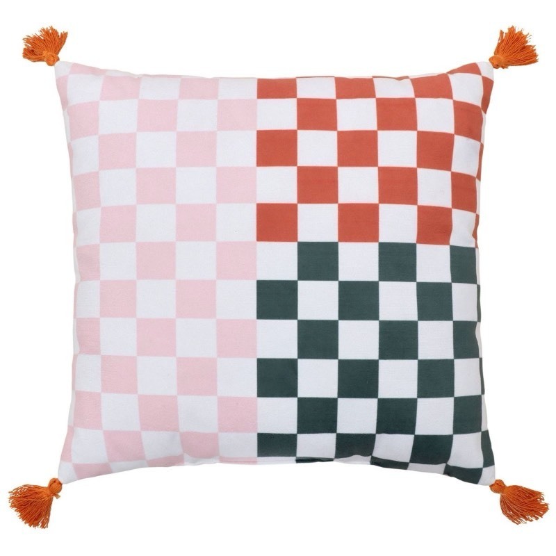 lot 5127081 image: Checkerboard Decorative Pillow with Orange Tassels - Retail $10