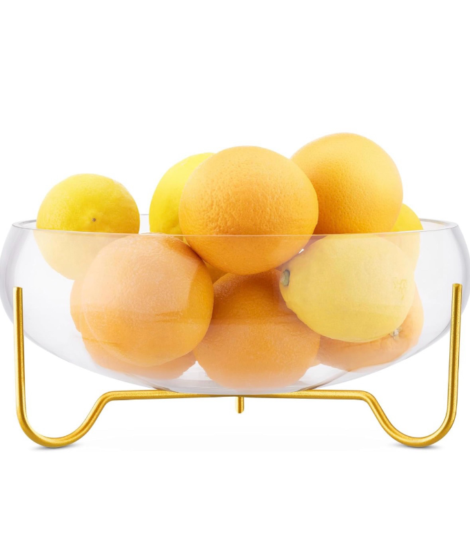 lot 4651103 image: Navaris Glass Fruit Bowl with Stand - Clear Round Centerpiece for Dining Table - Gold Tinted Metal Footed Salad Bowl - for Serving or as Decorative Display - Retail $30