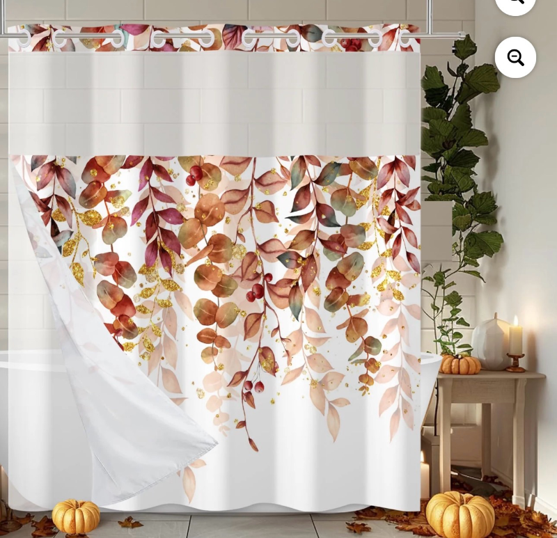 lot 3565017 image: MIZHONA Fall Thanksgiving Shower Curtain with Snap in Liner,Autumn Leaves No Hook Fabric Bathroom Curtain,71-74 - Retail $35