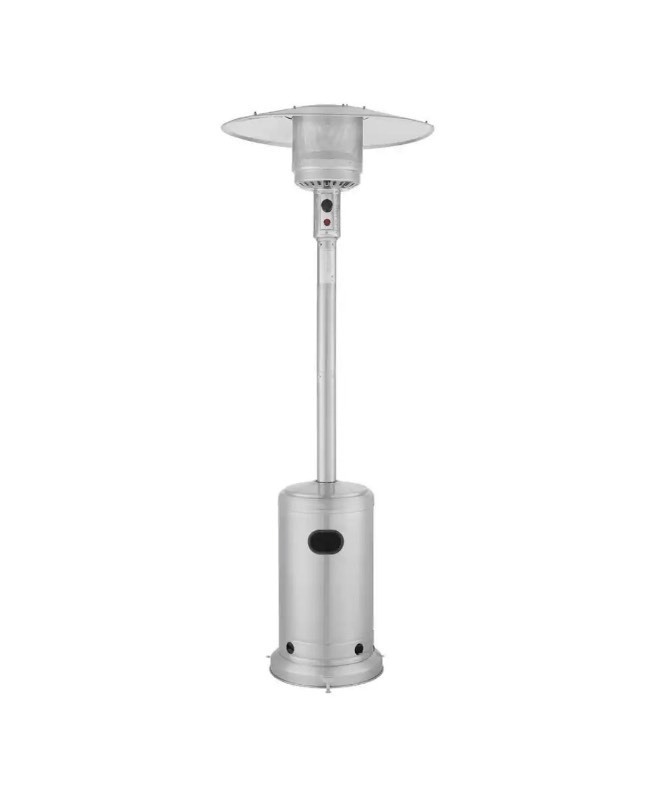 lot 3565005 image: Hampton Bay48000 BTU Stainless Steel Propane Standing Patio Heater with Wheels - Retail $159