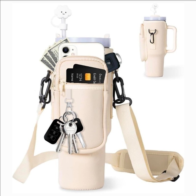 lot 5111063 image: Water Bottle Carrier Bag Compatible with Simple Modern 40oz Tumbler Adjustable Shoulder Strap Cream - Retail $9