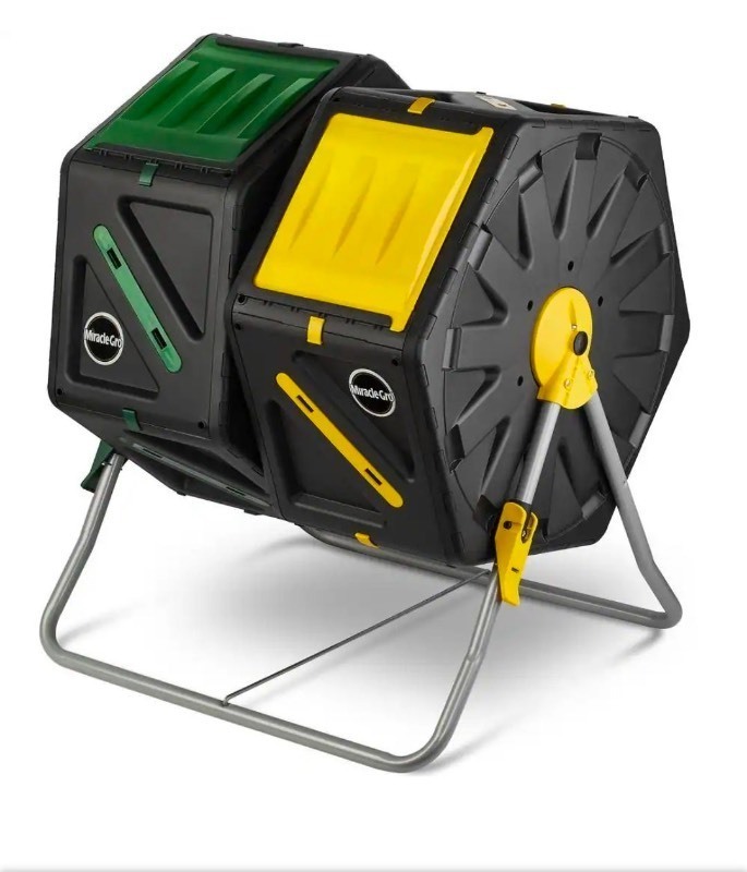 lot 4253106 image: Miracle-GroDual Chamber Outdoor Garden Tumbling Composter (2 x 18.5 Gal.70 L) w Easy-Turn System MISSING ITEMS (See Pictures and Description) - Retail $109