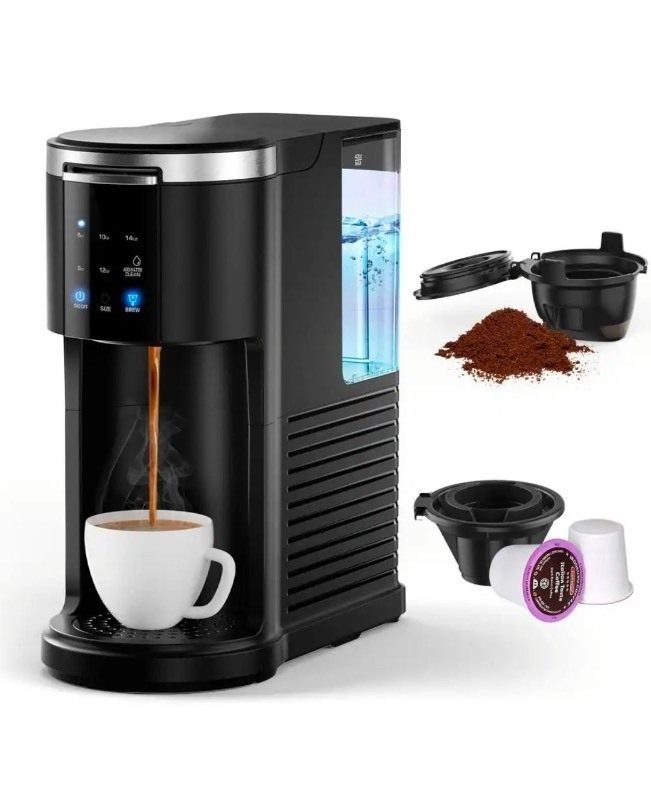 lot 4421063 image: COWSARCoffee Machine 2-in-1 Single Serve Cup Drip Coffee Maker, for K-Cup Coffee Capsule Pod, Coffee Powder in Black - Retail $94