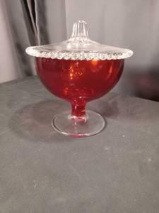 lot 4391 image: Red Glass Footed Compote Bowl with Lid