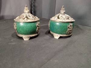 Chinese Green Jade Incense Burners with Silver Dragon Design