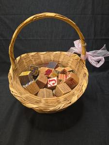 lot 4951 image: Wooden Letter Blocks in Wicker Basket Set