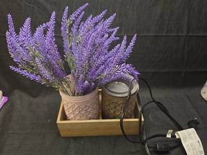 lot 4957 image: Diamond Pattern Candle Warmer with Wooden Tray and Purple Floral Arrangement