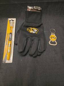 lot 4968 image: Missouri Tigers Fan Bundle - Work Gloves, Toothbrush, and Bottle Opener Keychain