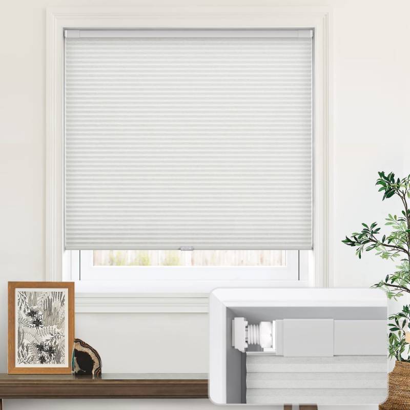 lot 32924 image: LazBlinds Cordless Cellular Shades, No Tools No Drill Light Filtering Honeycomb Shades Pleated Blinds for Windows, 44 W x 64 H, Light Grey