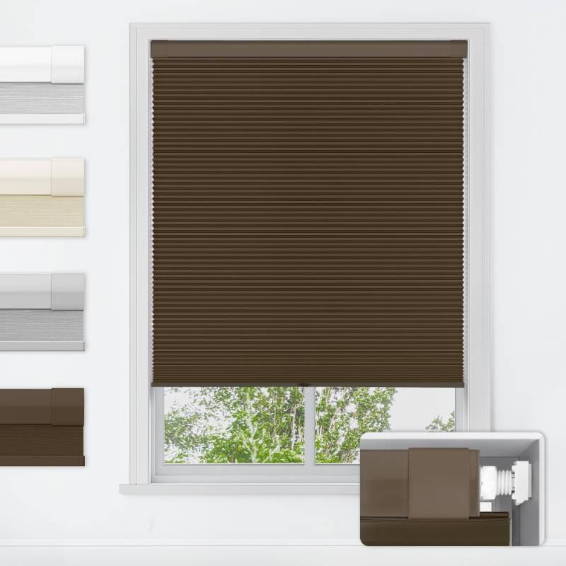 lot 33284 image: LazBlinds No Tools No Drill Cordless Cellular Shades, Blackout Light Blocking Honeycomb Shades for Home, Thermal Insulation Blinds for Windows, 40 W x 48 H, Dark Coffee - Retail $47
