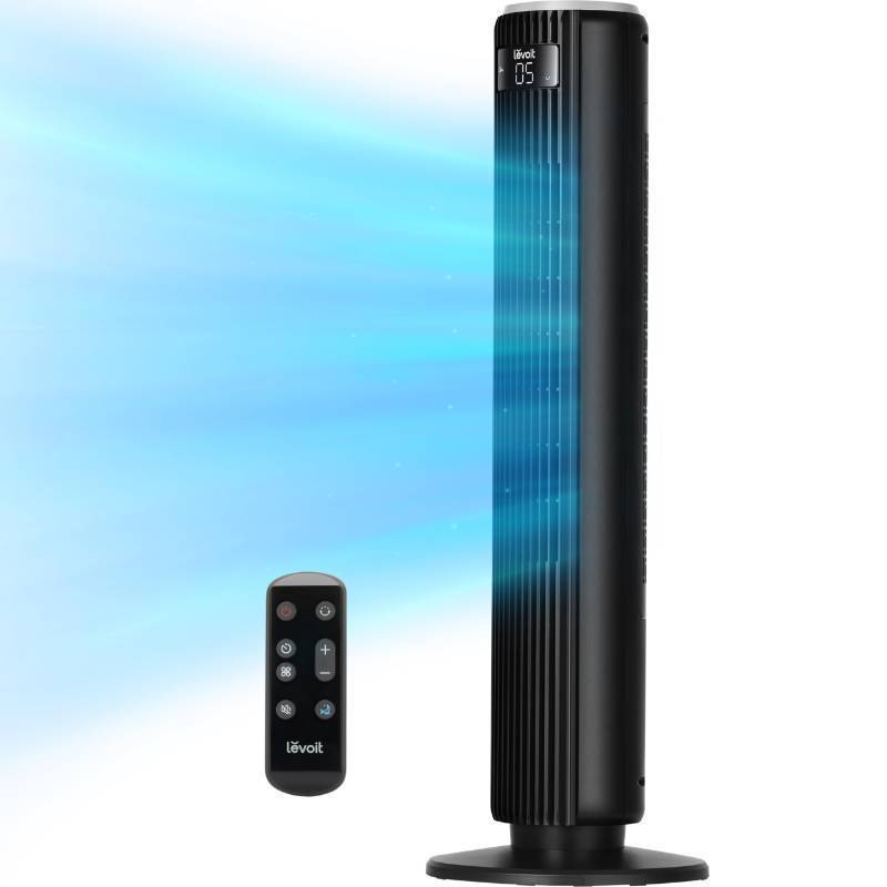lot 23252 image: LEVOIT Classic 36 inch Tower Fan for Bedroom, 25fts Airflow Standing Fan that Blows Cold Air for Home, 90° Oscillation, Quiet 28dB, Remote, 12H Timer, 5 Speeds, 4 Modes with Smart Sensor, MISSING BASE - Retail $75