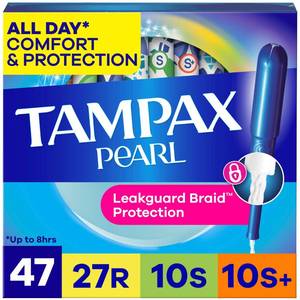 lot 45772 image: Tampax Pearl Tampons for Women Multipack, with LeakGuard Braid, RegularSuperSuper Plus Absorbency, Unscented, 47 Count - Retail $11