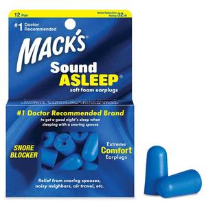 lot 45773 image: Macks Sound Asleep Soft Foam Earplugs, 12 Pair 32dB High NRR, Comfortable Ear Plugs for Sleeping, Snoring, Travel and Noisy Neighbors - Retail $7
