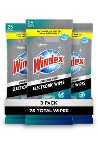 lot 45780 image: Windex Electronic Cleaning Wipes, Pre-Moistened Screen Wipes for TVs, Phones, and Other Electronics, Resealable for a Freshness Lock, 25 Count (Pack of 3) - Retail $14