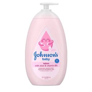 lot 45788 image: Johnsons Baby Lotion with Coconut Oil, Aloe Vera & Vitamin B5, 72 HR Hydration, Skin Moisturizer, Hypoallergenic, Safe for Newborn, Protects From Dryness & Strengthens Skin, 27.1 fl. oz - Retail $8