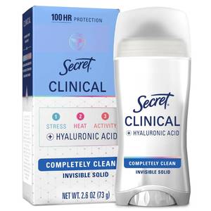 lot 45791 image: Secret Clinical Strength Antiperspirant Deodorant for Women, 100hr Sweat & Odor Protection, 3X Stress Protection with Hyaluronic Acid, PH Balanced, Invisible Solid, Completely Clean Scent, 2.6 oz - Retail $14