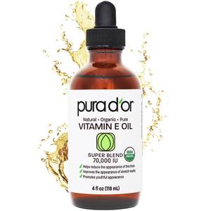lot 45794 image: PURA DOR 4 Oz Organic Vitamin E Oil 70,000 IU, USDA Certified Face, Body, Hair & Bath Oil with Argan, Jojoba, Rosehip, Apricot, Almond & Avocado, Lightweight Moisturizing Blend for Soft, Smooth Skin - Retail $15