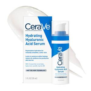 lot 45799 image: Cerave Hyaluronic Acid Serum for Face with Vitamin B5 and Ceramides, Hydrating Face Serum for Dry Skin, Fragrance Free, 1 Ounce - Retail $19
